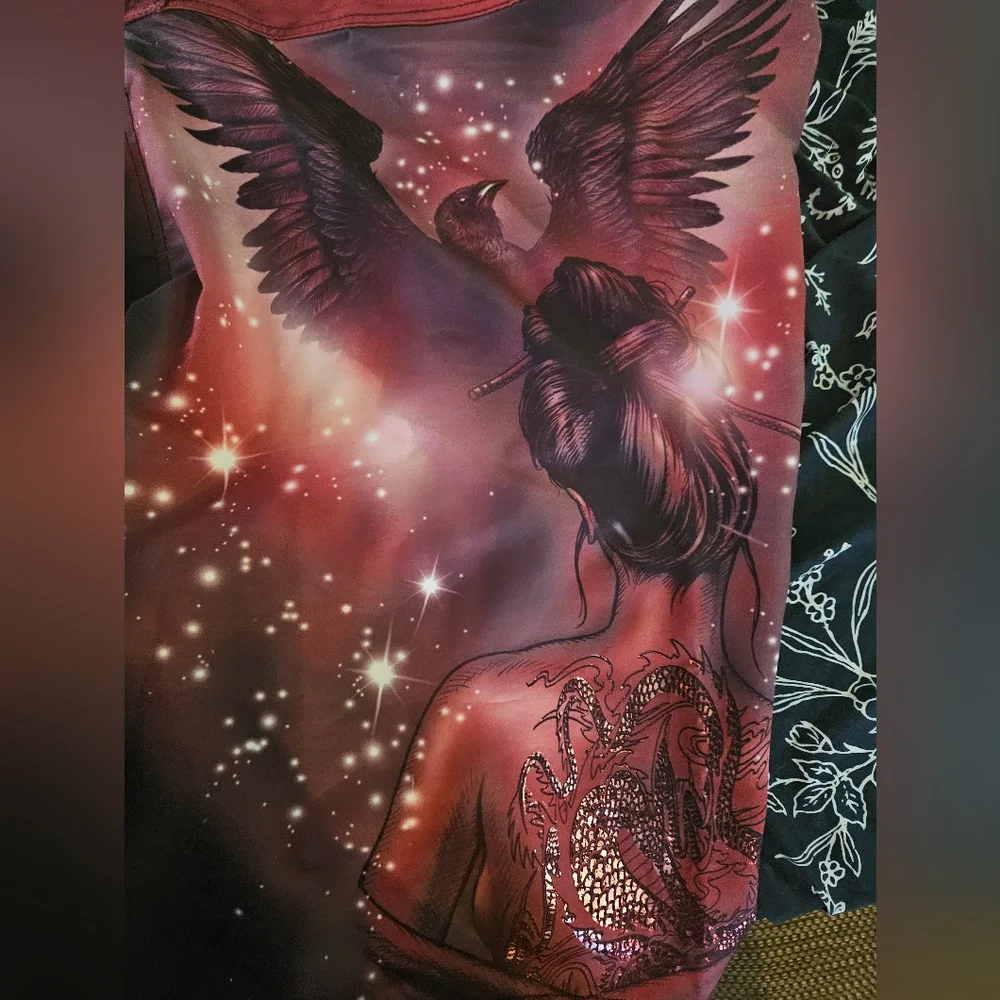 Affliction Board Shorts Men’s 42 Red Black Crow Dragon Graphic Swim Trunks